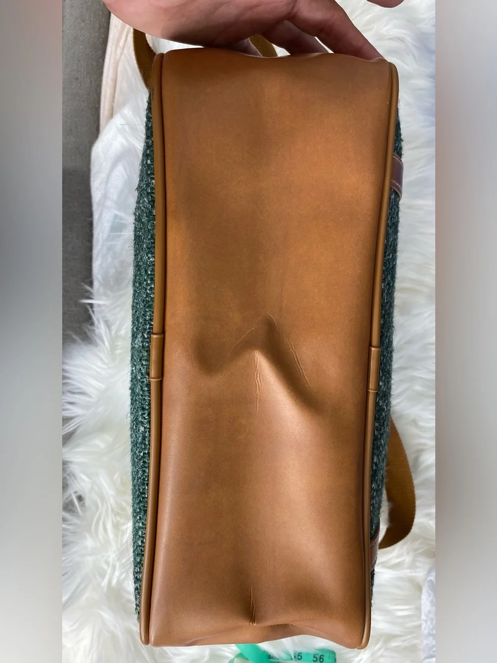Oscar de la Renta Green Tweed Messenger with Tan Trim and Gold Hardware